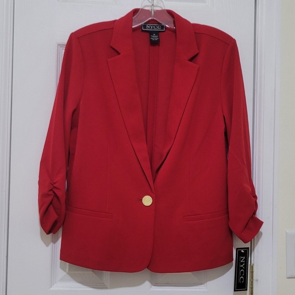 NYCC New York Clothing Co Red Ruched 3/4 Sleeve Single Button Blazer Jacket M